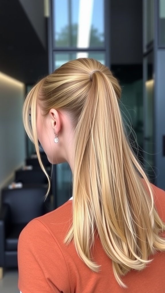 A woman with a sleek half-up ponytail, featuring a smooth style and added volume at the crown.