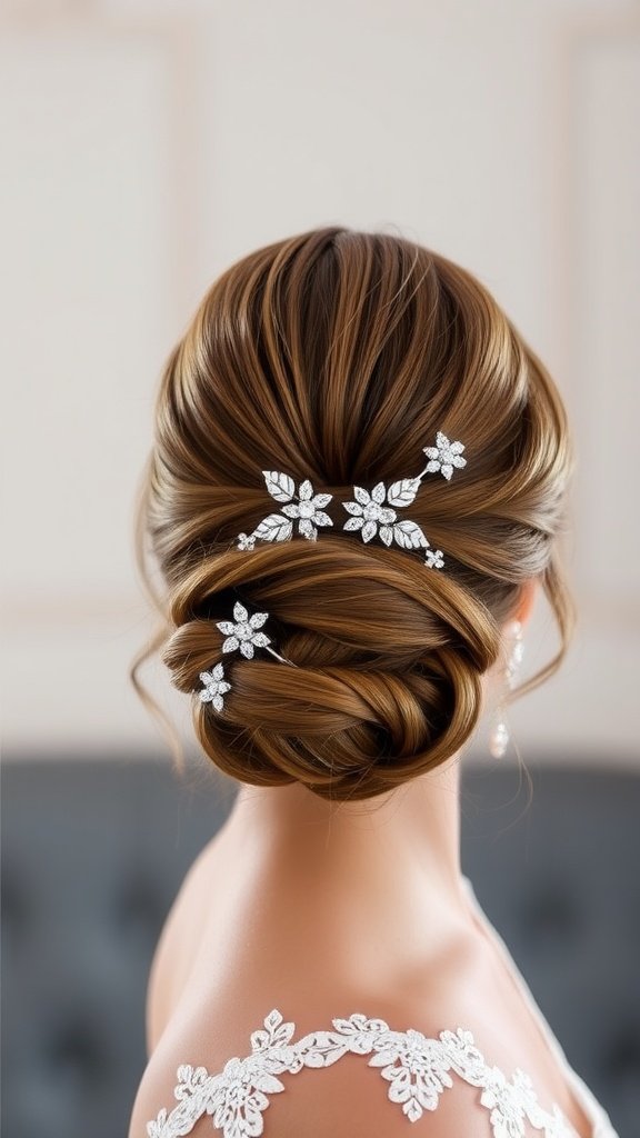 A sleek high bun hairstyle adorned with sparkling statement hairpins.