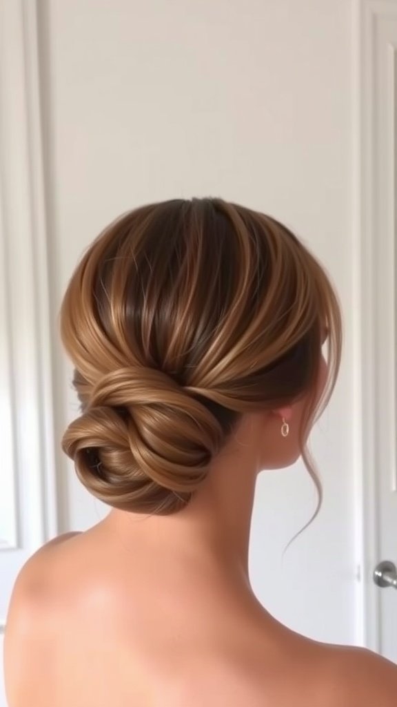 A sleek low bun hairstyle for a wedding, featuring smooth, styled hair with soft waves framing the face.