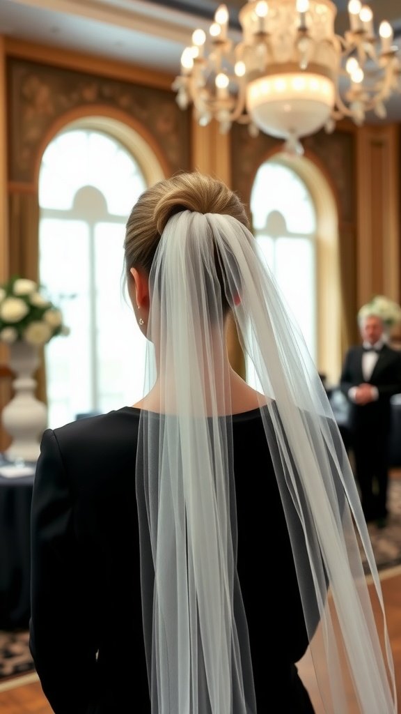 A woman with a sleek ponytail and a dramatic veil, viewed from the back, showcasing the hairstyle in a wedding setting.