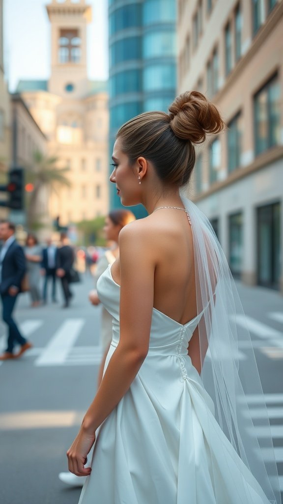 A bride with a sleek ponytail wearing a white gown and veil, standing on a city street.