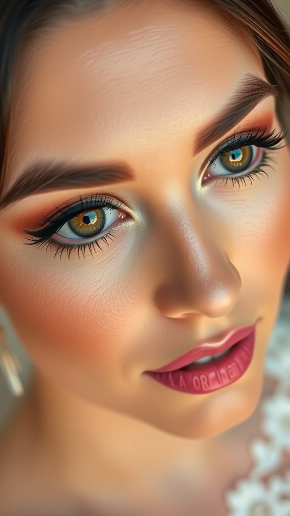 A close-up of a woman's face showcasing soft glam makeup highlighting her brown eyes.