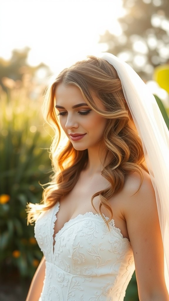 Bride with soft romantic waves and a veil in a natural outdoor setting