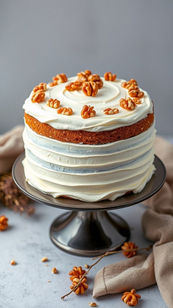 A beautifully layered carrot cake with cream cheese frosting and walnut toppings.