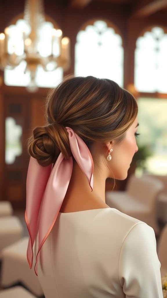 A bride with a sophisticated low ponytail adorned with a pink silk scarf, showcasing elegance and simplicity.