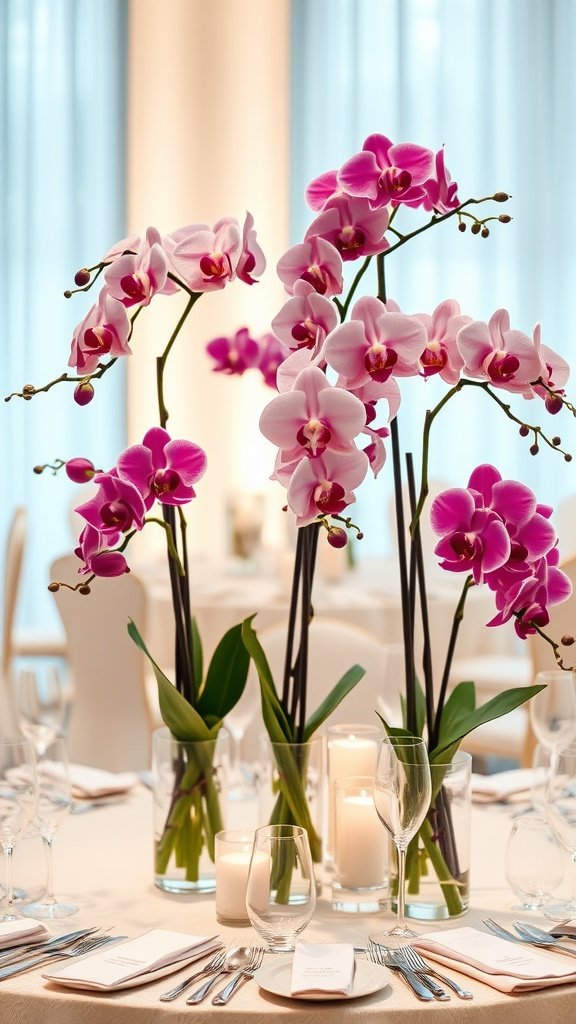 Elegant wedding table decorated with pink and white orchids in tall glass vases, surrounded by candles.