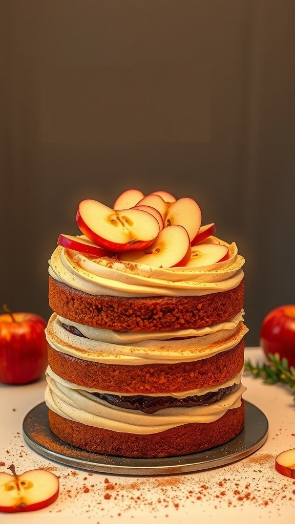 A beautiful three-layer spiced cinnamon apple cake topped with apple slices.