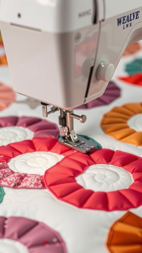 Close-up of a sewing machine stitching a vibrant wedding rings quilt.