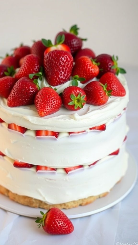 A beautiful strawberry shortcake decorated with fresh strawberries on top.