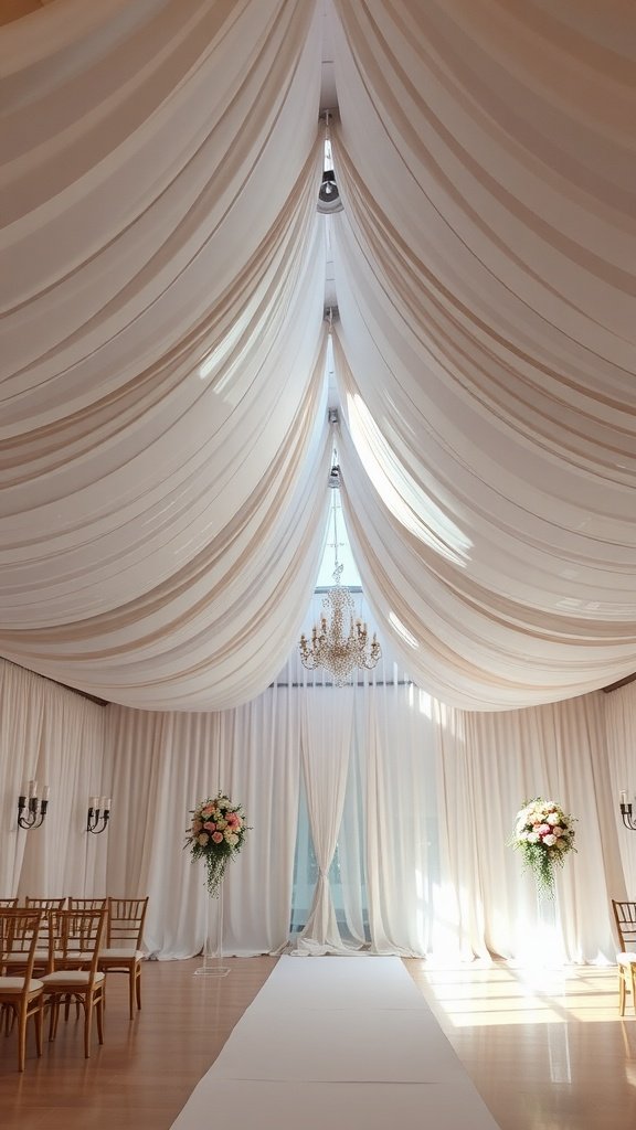 Elegant fabric draping in a wedding venue with floral arrangements and a chandelier.