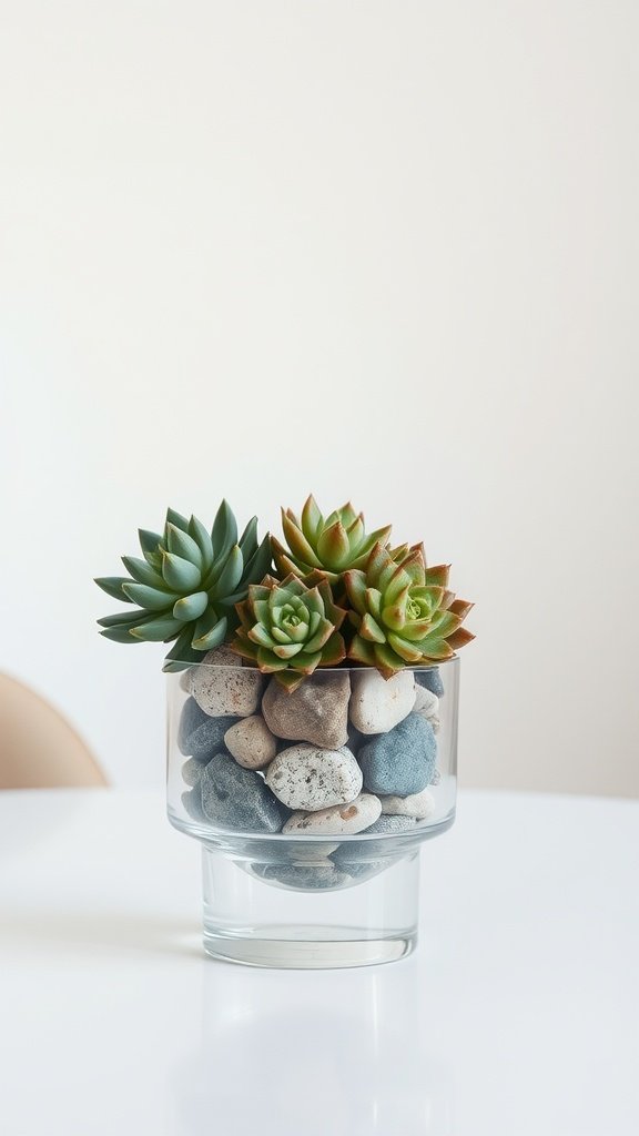 Succulent arrangement in a clear vase with stones