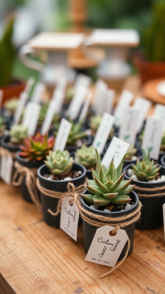 A collection of small succulent plants in black pots, each with a tag and tied with twine, arranged on a wooden surface.