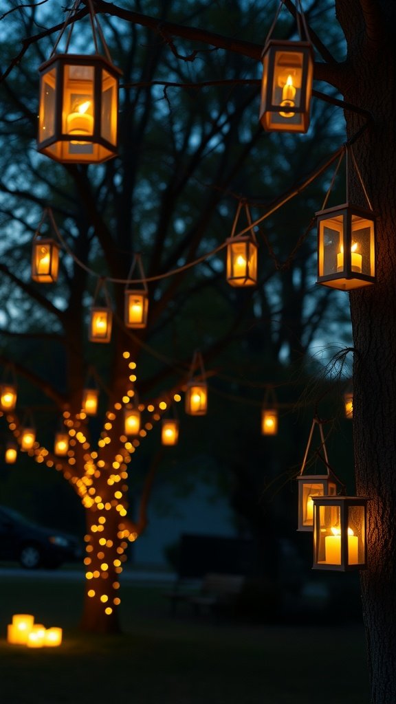 Tea light lanterns hanging from a tree at night, creating a warm and inviting atmosphere.