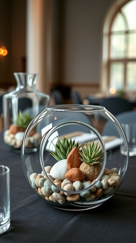 A glass terrarium filled with colorful pebbles and small succulents, placed on a table.