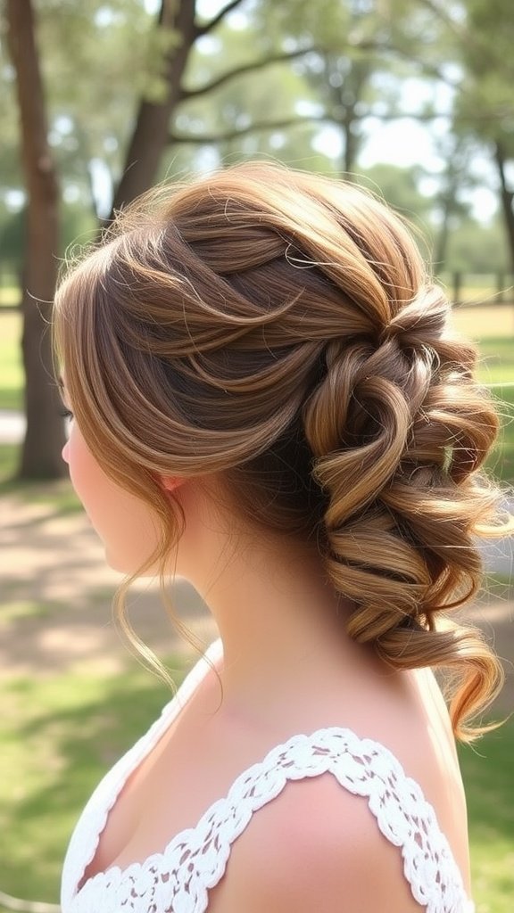 A woman with textured half-up hairstyle featuring soft waves and a side braid, set against a natural background.