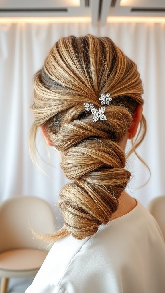 A styled textured ponytail with sparkling clips, showcasing a modern bridal hairstyle.