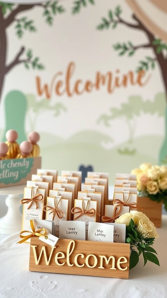 A beautifully arranged wedding welcome table featuring themed favors and decorations.