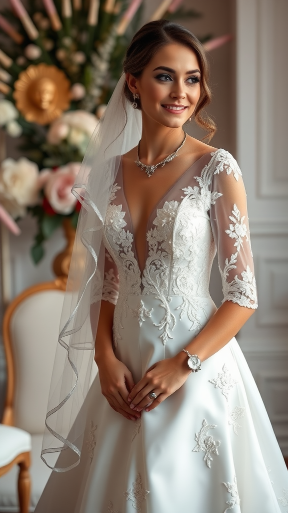 Wedding dress with three-quarter sleeves, featuring lace details, hanging on a rack with accessories.