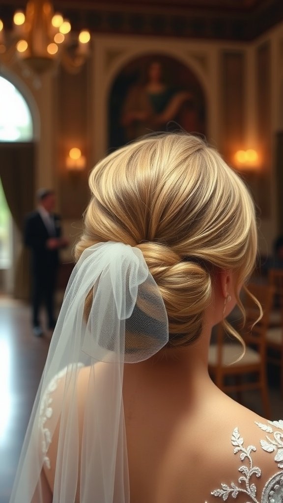 A back view of a bride's hairstyle featuring a loose bun and a tulle veil, showcasing elegance and simplicity.