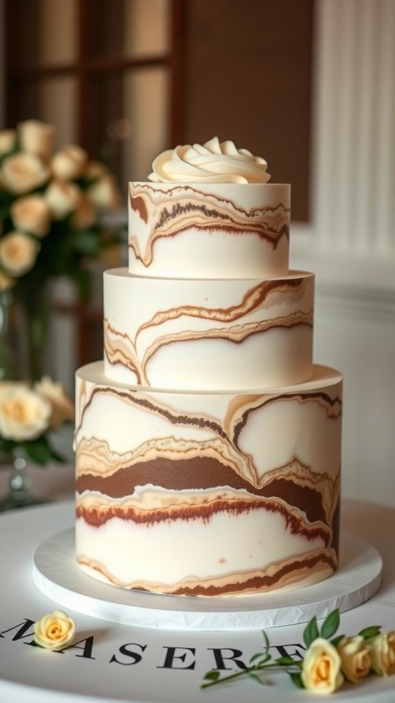 A beautifully designed three-tier marble cake with swirls of brown and cream, surrounded by soft yellow roses.