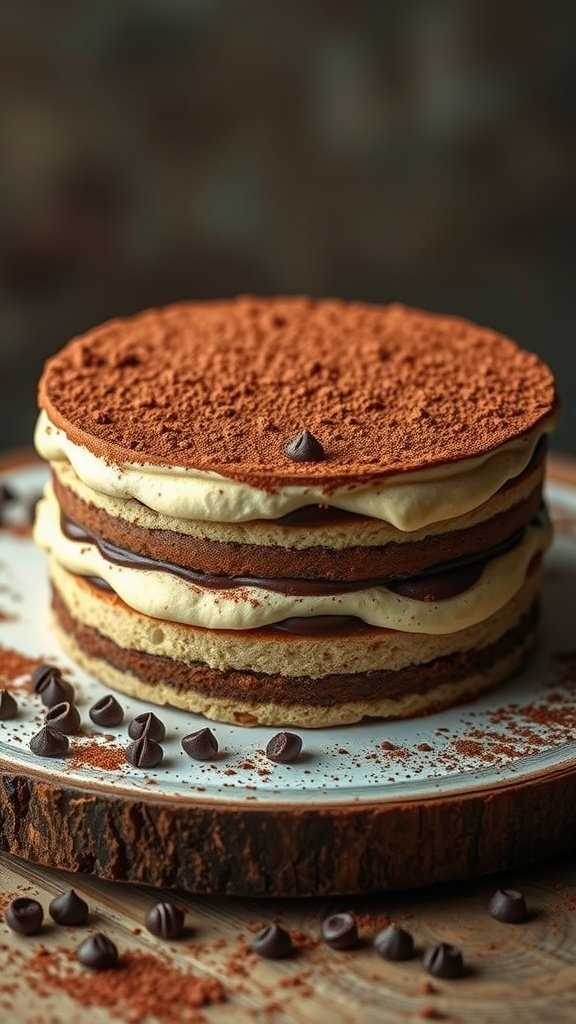 A delicious tiramisu inspired layer cake with rich layers and a sprinkle of cocoa powder on top.