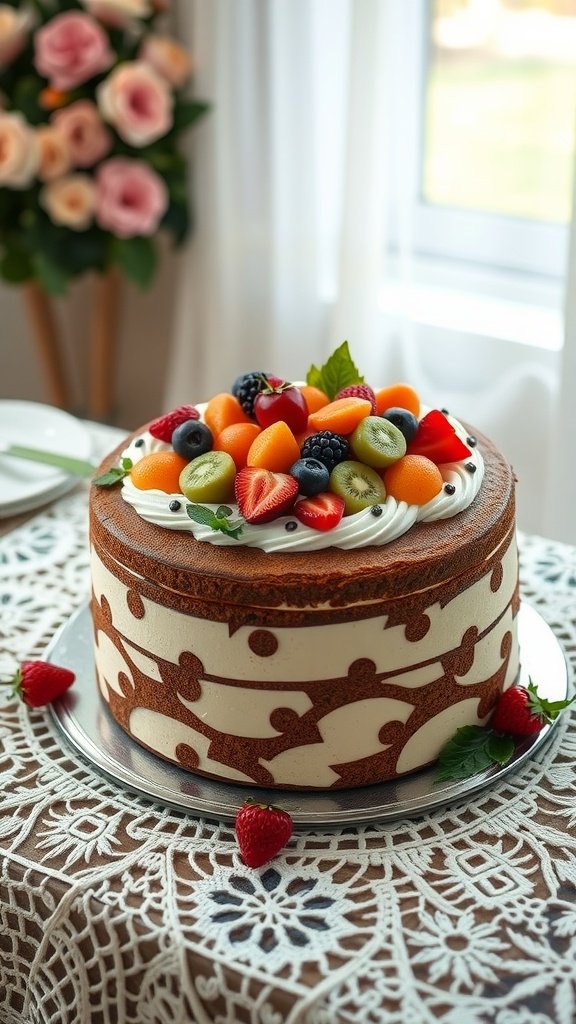 A beautiful traditional fruitcake topped with fresh fruits and decorative icing.