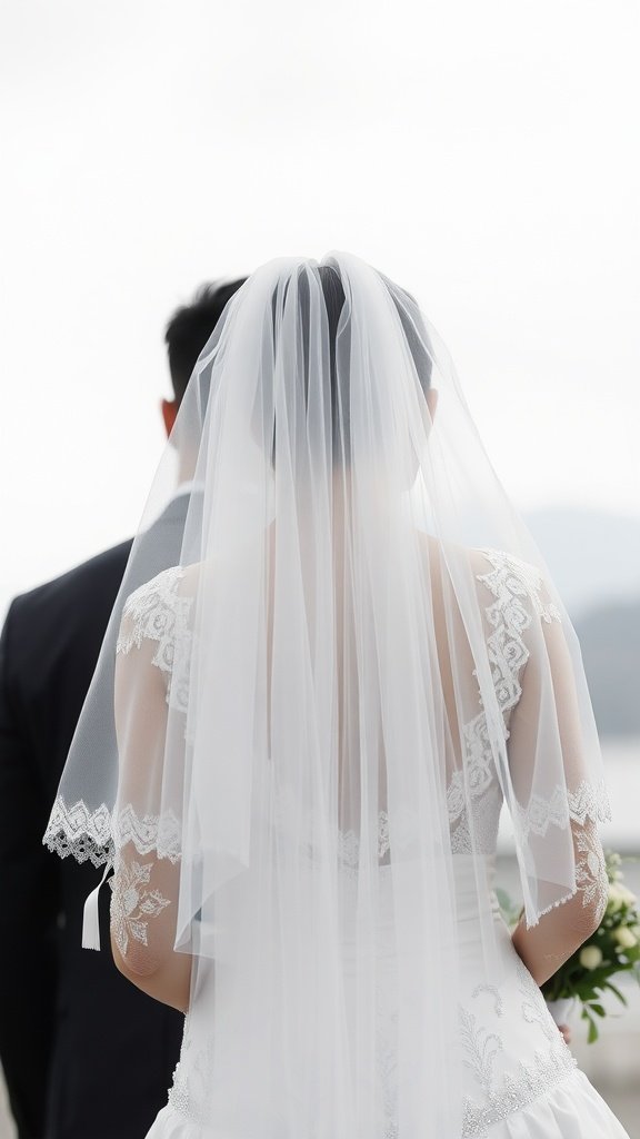 A bride with a flowing veil, seen from behind, standing with her partner.