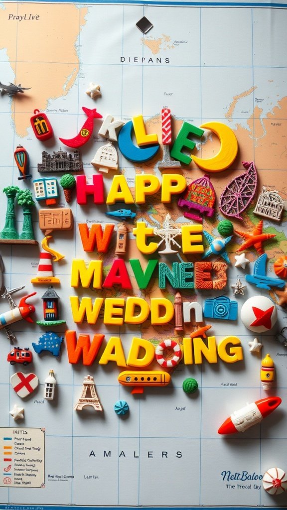 Colorful travel-themed magnets on a map, featuring iconic landmarks and letters spelling 'HAPPILY MARRIED'.