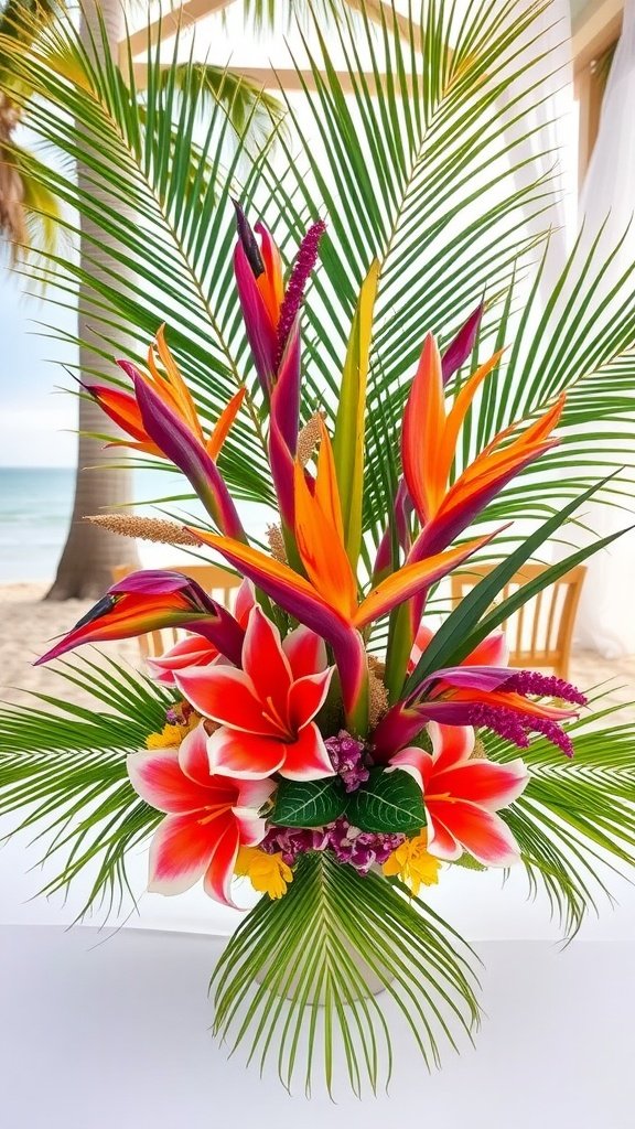 A vibrant tropical floral arrangement featuring orange and purple flowers with green palm leaves.