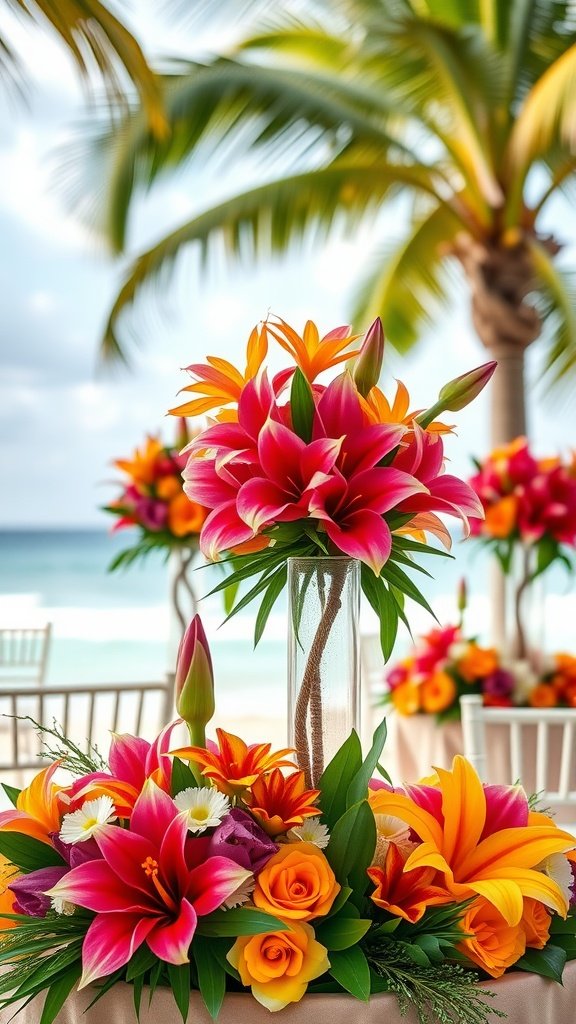 A vibrant tropical flower bouquet centerpiece featuring pink lilies, yellow blooms, and orange flowers, set against a beach wedding background.