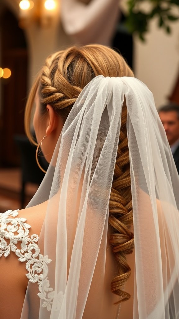 A bride's back view showcasing a Twisted Crown Braid hairstyle adorned with a veil.