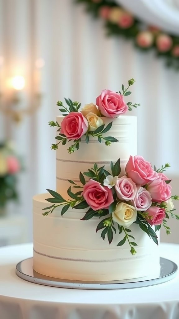 A two-tiered wedding cake adorned with pink and cream roses and green leaves.