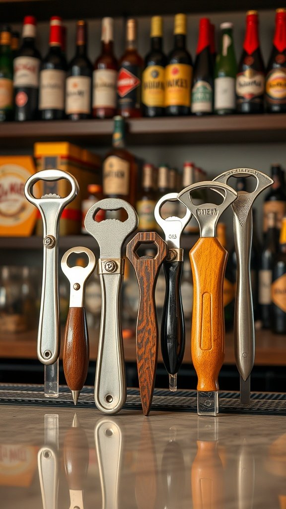 A collection of unique bottle openers displayed on a bar, featuring various designs and materials.