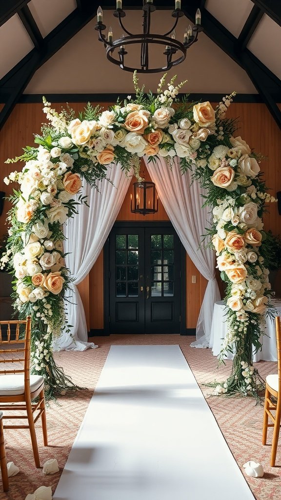 A beautiful floral ceremony arch with white and peach roses, greenery, and a white aisle in an indoor setting.