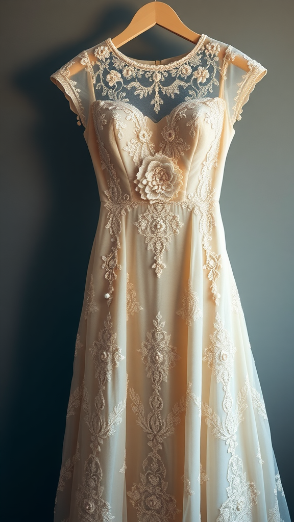 A vintage-inspired beach wedding dress displayed on a chair near the ocean.