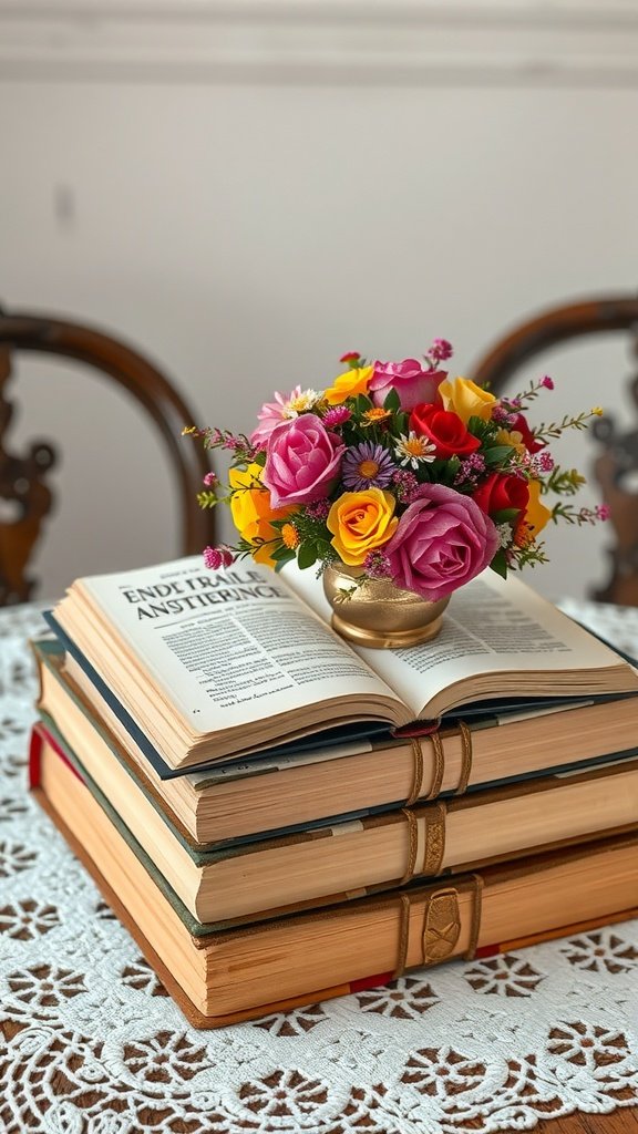 A centerpiece made of stacked vintage books with a colorful flower arrangement on top.