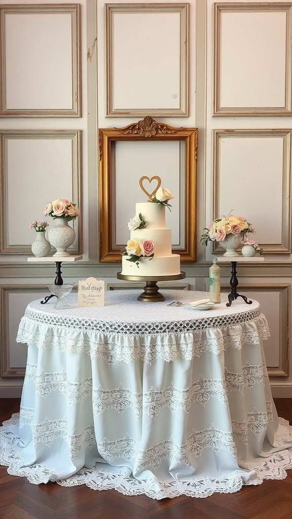 A vintage wedding cake table featuring a lace tablecloth, a three-tiered cake with floral decorations, and charming vases of flowers.