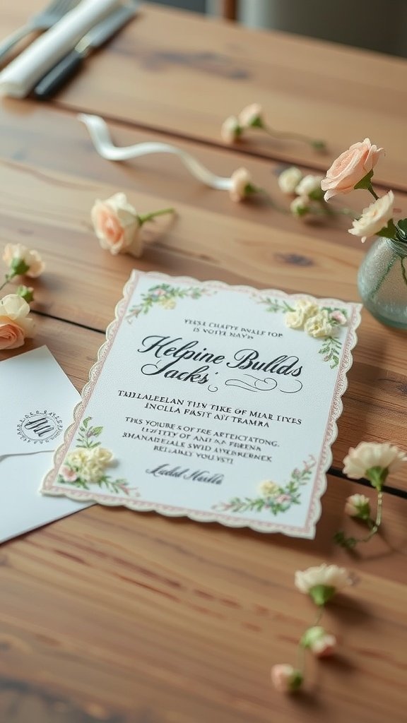 A beautifully designed wedding invitation with vintage lace accents and delicate floral decorations on a rustic wooden table.