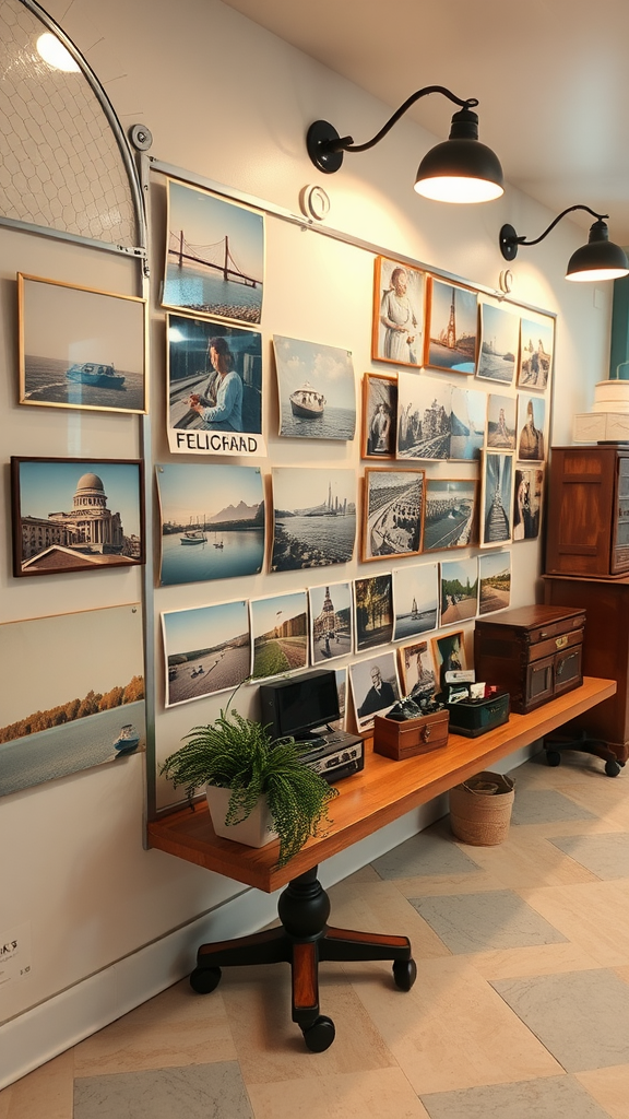 A vintage photo display featuring black-and-white photos of a couple in ornate wooden frames, with a small potted plant on a wooden table.