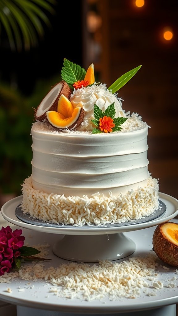 A whimsical coconut cream cake adorned with coconut shavings and fresh fruit, set on a decorative stand.