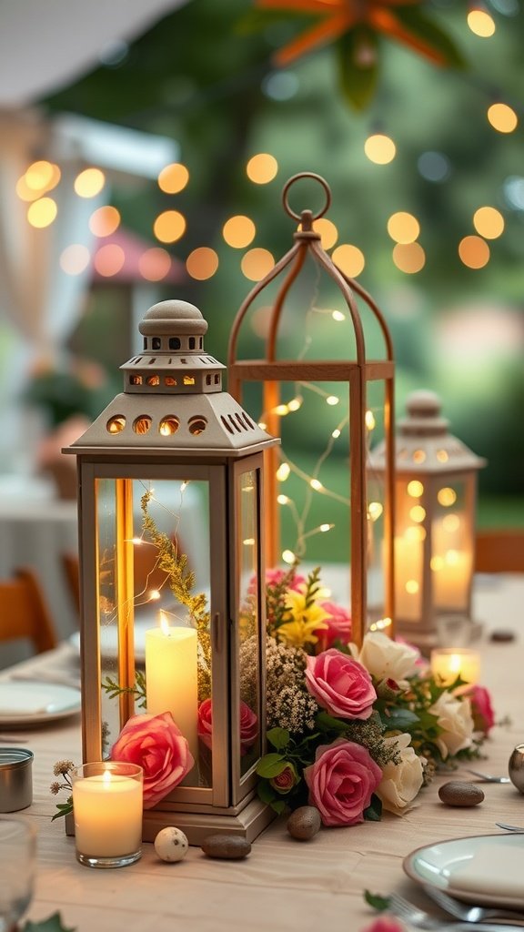 Wedding table centerpiece featuring lanterns with fairy lights and flowers.