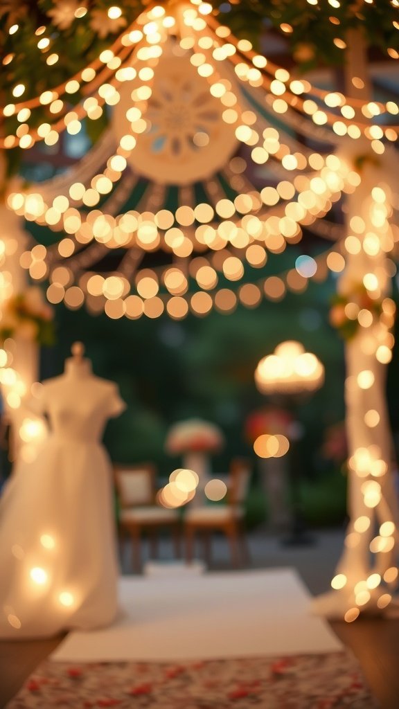 A beautifully decorated wedding venue with fairy lights and a wedding dress on display.