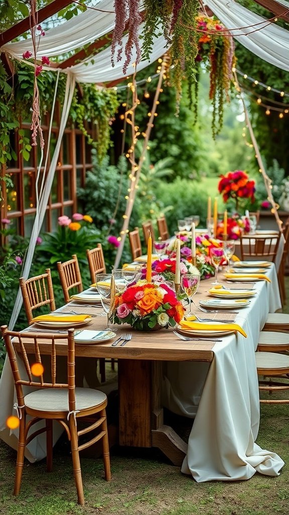 A beautifully arranged garden tablescape featuring a long wooden table, vibrant floral centerpieces, yellow napkins, and warm fairy lights.