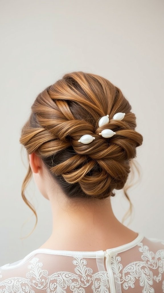 A half-up twist hairstyle adorned with pearls, showcasing a romantic and whimsical look for weddings.