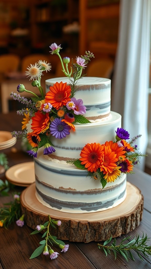 A beautifully decorated wildflower-inspired wedding cake with colorful flowers on a wooden base.