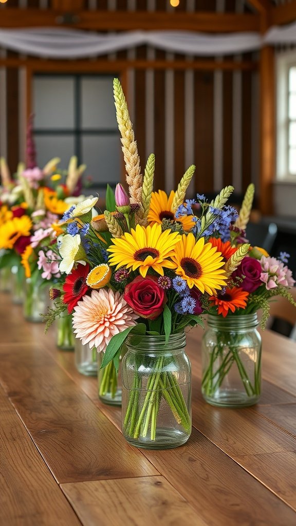 Colorful wildflower centerpieces in glass jars on a wooden table.