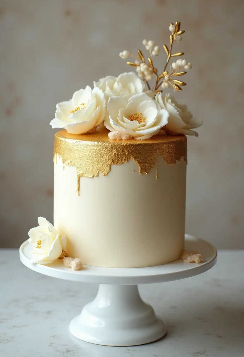 Vanilla bean cake with sugar flowers and gold leaf.