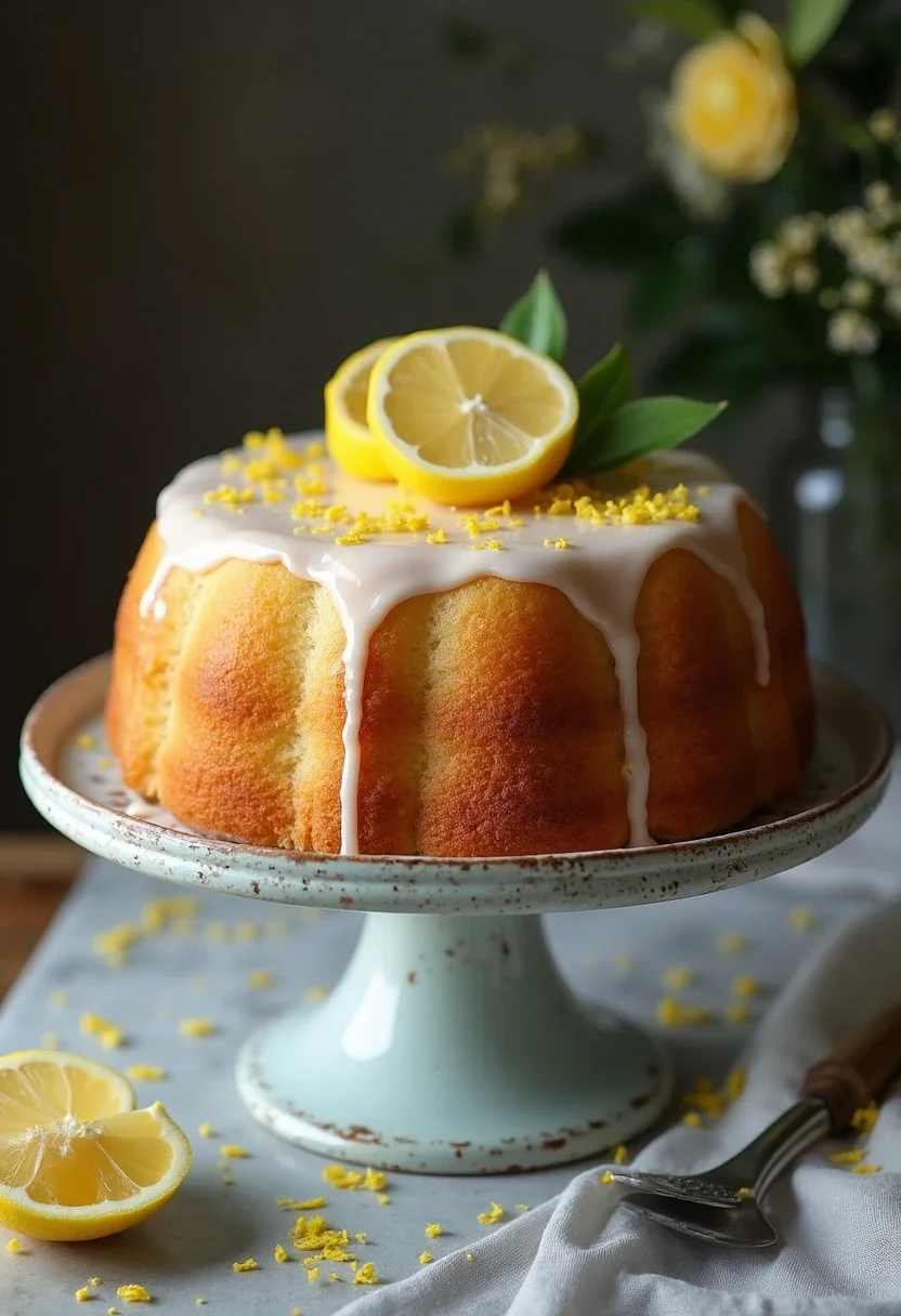 Lemon drizzle cake with glaze and lemon zest.