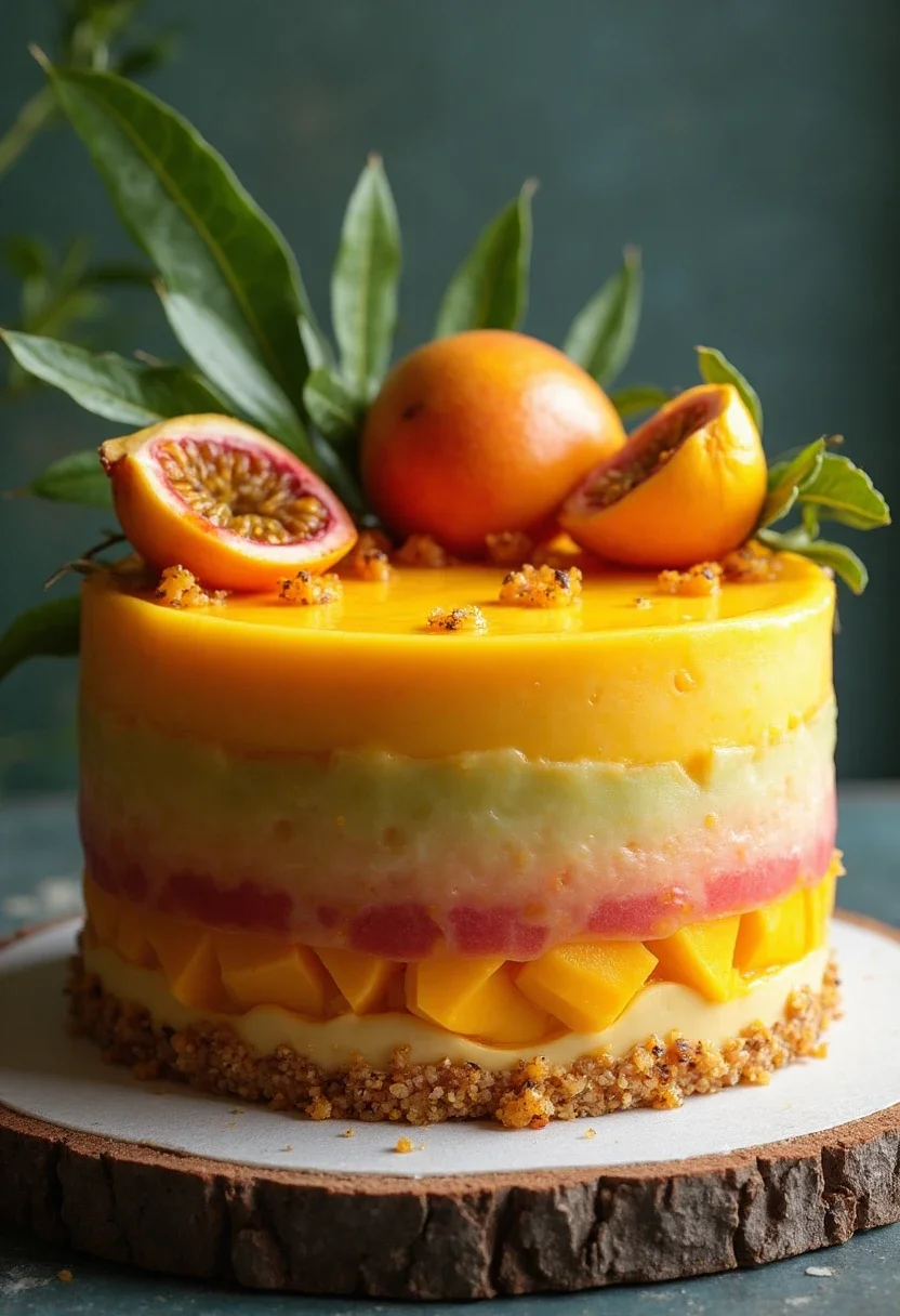 Mango passionfruit cake with tropical colors and fruit.