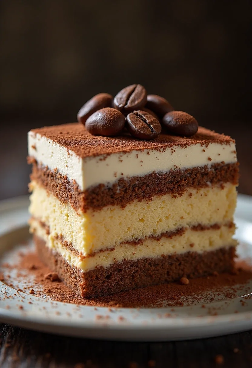 Tiramisu cake with cocoa dusting and espresso beans.